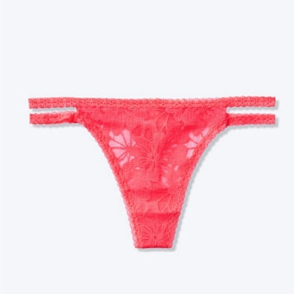 NWT Pink Victoria's Secret Red Floral Lace Thong Panties (S)